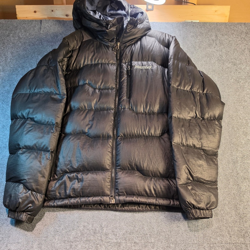 Marmot 800 Fill Down Puffer Jacket Mens Medium Black Good Hooded Ripstop Puffy